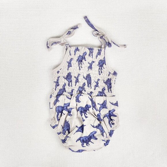 Kate Quinn Purple Dinosaur Organic Smocked Tie Bubble 3-6 Months Summer Romper - Picture 8 of 9